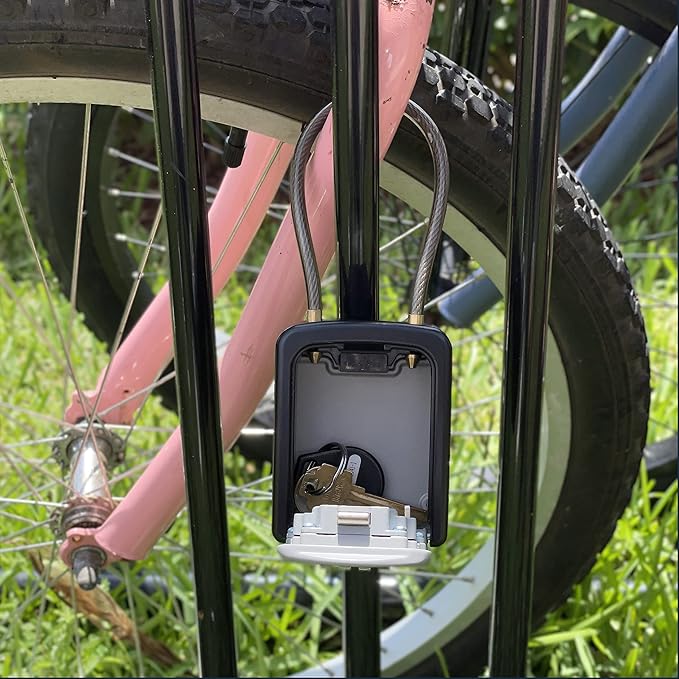 Iron Lock® Key Lock Box Portable with Cable Shackle – Small Waterproof Heavy-Duty Metal Safe with 4-Digit Combination for Spare Keys Outside on Door Knob, Fence, Pipe or Gate (Grey, Small)