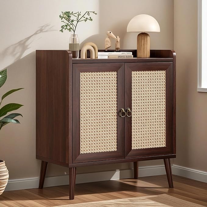 26" Rattan-Door Sideboard Cabinet with Round Pull Rings, 2-Door Credenza Buffet with Generous Storage, Modern Accent Cabinet for Living Room & Kitchen, Dark Brown