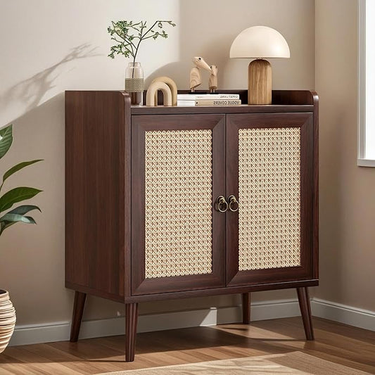 26" Rattan-Door Sideboard Cabinet with Round Pull Rings, 2-Door Credenza Buffet with Generous Storage, Modern Accent Cabinet for Living Room & Kitchen, Dark Brown