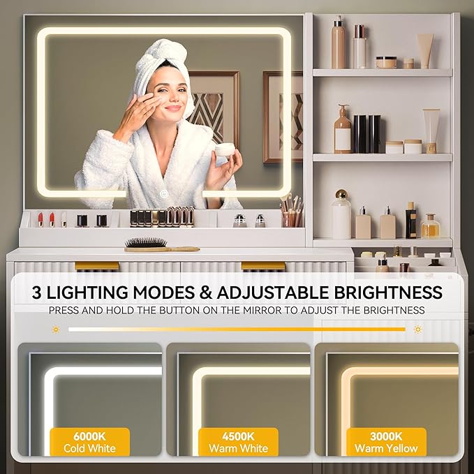 DWVO Fluted Makeup Vanity Desk with Large 27" Mirror and Lights, Modern Big Makeup Table with Power Outlet, 11 Shelves & 2 Drawers, 3 Color Lighting Modes, Dressing Table Vanity Set for Bedroom, White