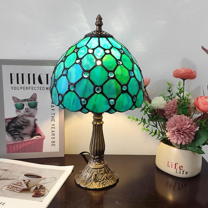Small Tiffany Table Lamp 8 Inch Tiffany Style Desk Lamp Stained Glass Antique Light Bedroom Bedside Lamp Retro Reading Lamps (Green Pearls Style)