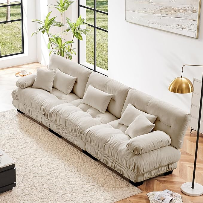 133.8" Oversized 3 Seater Modular Sectional Sofa, Beige Large Sectional Fluffy Couch Set, Chenille Cloud Couch with 5 Pillows, Deep Seat Sofas for Living Room