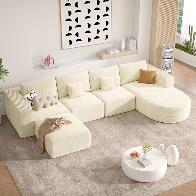 134" Boneless Couches for Living Room,Modular Sectional Sofa with Ottoman,Cloud Couch in a Box,Sponge Compression U Shaped Sofas with Chaise No Assembly Required(Beige-Corduroy Fabric) 1pcs