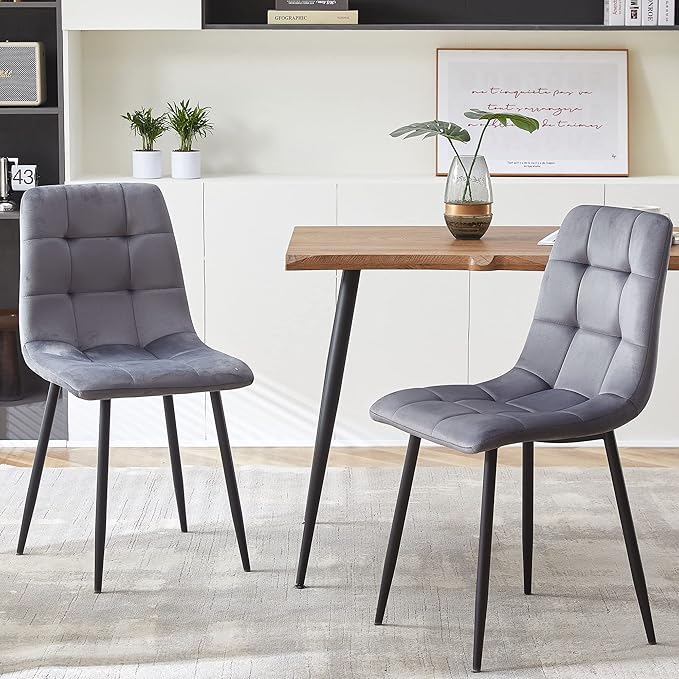 NORDICANA Grey Velvet Dinner Chairs Set of 4, Modern Armless Dining Side Chairs with Metal Legs for Kitchen Living Room Vanity