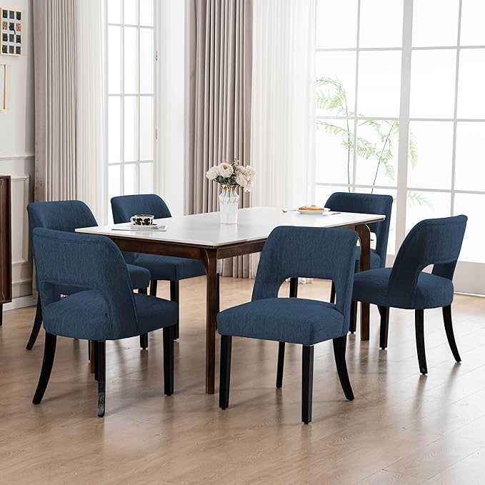 VKNOW Wooden Dining Chairs Set of 6, Modern Fabric Upholstered Dining Room Chair Kitchen Chairs, Farmhouse Dinner Chair for Kitchen Dining Room, Blue-Black Legs