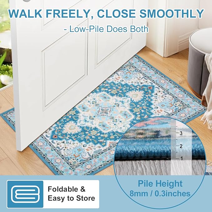 WILLSUN Washable Area Rugs, 2x3 Non-Slip Boho Small Area Rugs for Entryway, Kitchen, Bathroom, Machine Washable Vintage Rug, Indoor Floral Print Carpet for Home Decor, Kid & Pet Friendly Mat