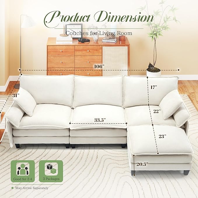 Comfy Cloud Couch with Movable Ottoman, Modular Sectional Sofa, 106" L Shaped Modern Sofa with Pillows, Deep Seat Couches for Living Room, Bedroom and Apartment, Beige