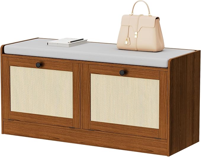 MHOM Rattan Shoe Bench for Entryway, Hallway and Bedroom - Boho Bench with Storage Cabinets and Seat Cushion - Wooden Storage Bench Fits up to Size 16, Brown