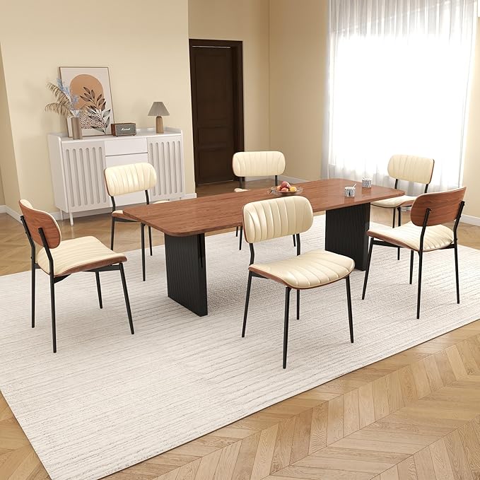 Mid Century Modern Dining Chairs Set of 2,Upholstered Faux Leather Kitchen Chairs with Walnut Bentwood Back and Metal Legs for Kitchen Dining Room Living Room, Beige