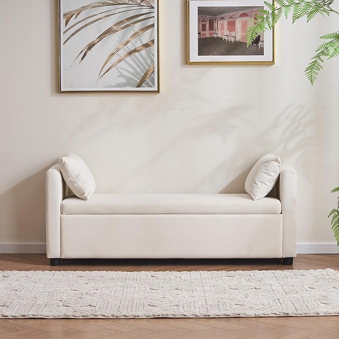 Storage Bench for Bedroom, 55" End of Bed Bench for King Size Bed, Modern Upholstered Long Ottoman Bench with Arms and 2 Pillows for Living Room/Entryway (Ivory White)