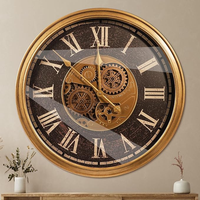 October Elf Large Real Moving Gears Wall Clock 24 Inch Vintage Industrial Steampunk Large Big Metal Wall Clock for Living Room Decor (24 Inch Roman Antique Brass Brown)