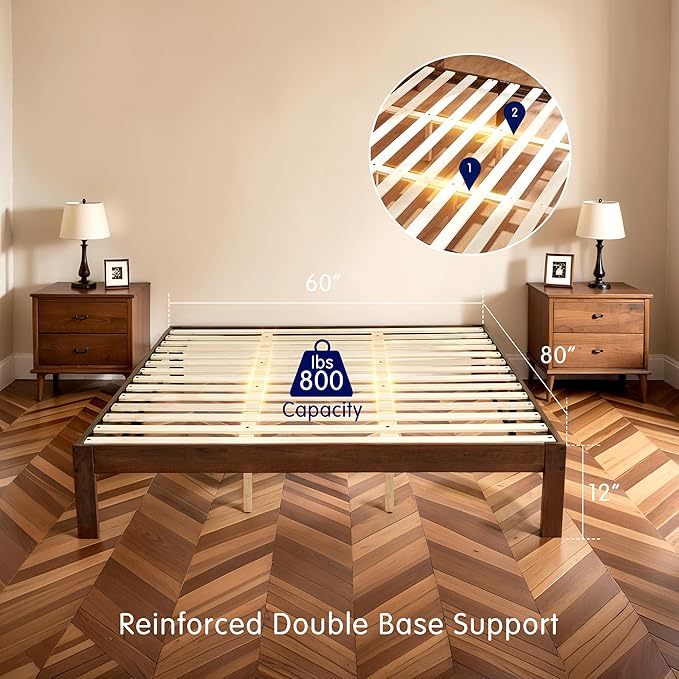 Hokway Wood Queen Bed Frame-No Wobble,Noise-Free,Easy Assembly with Precise Holes,12 in Wood Slat Support,No Box Spring Needed,Walnut