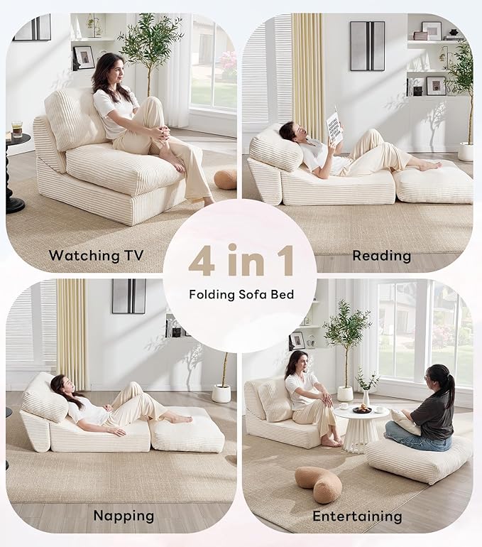 Tbfit 35.8‘’ Oversized Folding Sofa Bed, Convertible Sleeper Chair with Adjustable Back, Corduroy Folding Couch Bed, Portable & Foldable Mattress Boneless Floor Sofa for Living Room, Bedroom, White