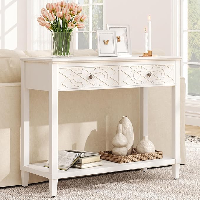 40" Console Table with Drawers, Vintage Entryway Table with Shelf, Charming Carved Motifs, Solid Pine Wood Legs, Accent Sofa Table for Living Room, Painted, Drawers Pre-Assembled, Distressed White
