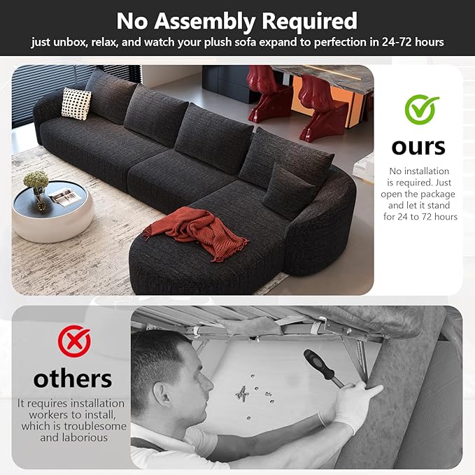 138.6" Modular Sectional Couches Luxury Modern Curved Back Sofa,Minimalist Comfy L-Shape Boneless Cloud Couch for Living Room Apartment,(Right Facing Chaise,Black)