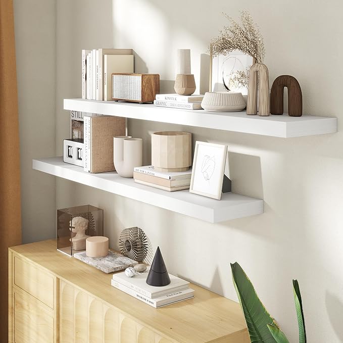 55 Inch Floating Shelves for Wall, 8 Inch Deep Floating Shelf for Storage & Display, Rustic Wall Mounted Shelf with Invisible Brackets for Living Room, Kitchen, Bathroom, Home Decor, Set of 2, White