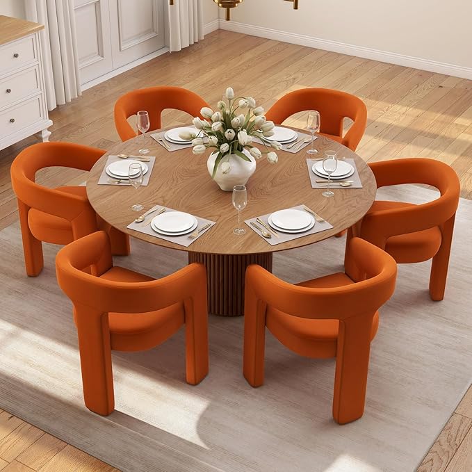 Set of 4 Modern Velvet Fabric Upholstered Dining Chairs with Open-Back, Cute Barrel Side Chairs Kitchen Armchair Accent Chairs for Dining Room Bedroom, Orange