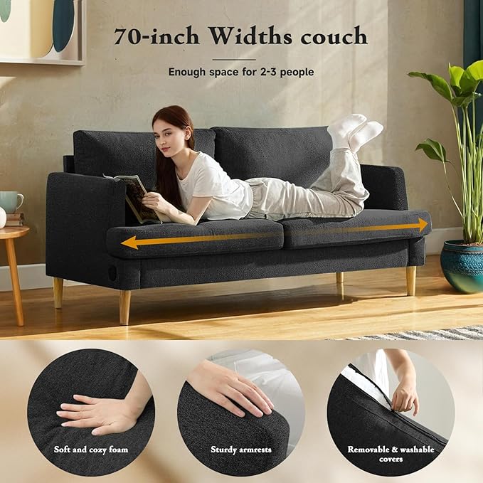 Loveseat Sofa Couch for Living Room with USB Type C Ports – Upholstered 70" Small Couches for Bedroom, Office or Apartment–Modern 2-Seater Deep Seating with Soft Cushions & Sturdy Frame, Black
