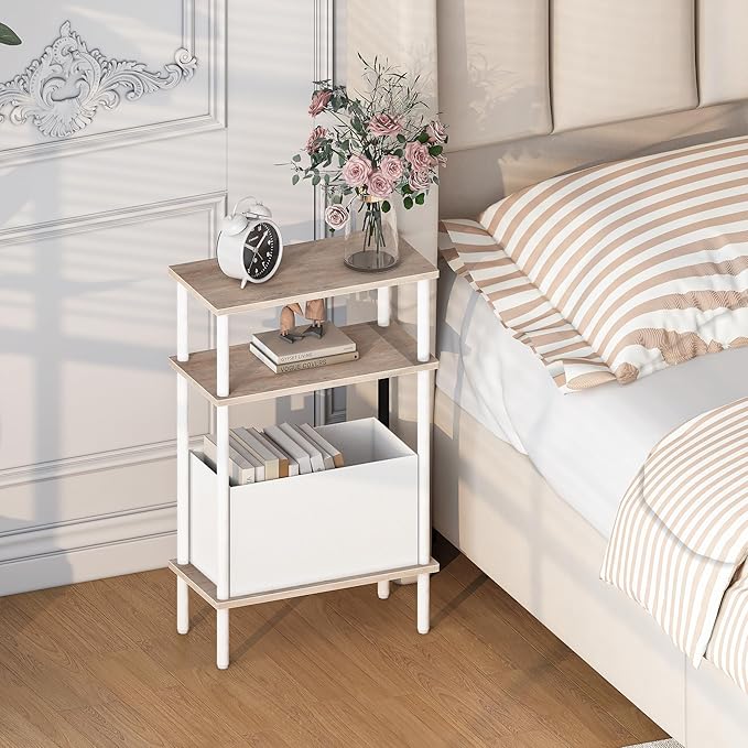 Narrow Side Table with Fabric Basket, Set of 2 End Table for Small Spaces, Slim Nightstand with 3-Tier Storage Shelf, Sofa Beside Table, for Living Room, Bed Room, Natrual Oak