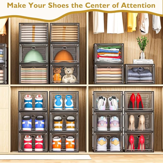 7 code Thicken & Sturdy Clear Shoe Storage Organizer with Magnetic Door, Stackable Boxes for Closet, Foldable Shoe Rack for Sneaker Boot Container, Plastic Shoe Cabinet Shoe Box 6 Pack, Black