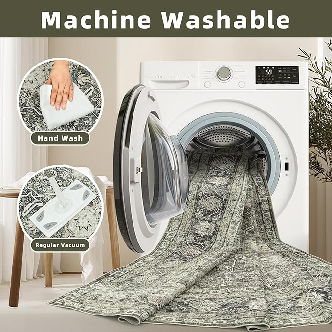 Washable Rugs 8x10 Area Rugs for Living Room- Vintage Rugs for Bedroom,Dining Room,Large Soft Low Pile Retro Carpet with Non Slip Rubber Backing,Neutral Accent Nursery Rug for Home Office Decor