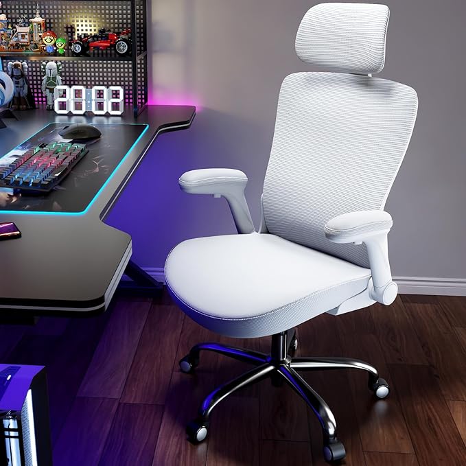 Office Home Ergonomic Desk Chair-Computer X-Shaped Chair Mesh PU Leather with Adjustable Lumbar Support-Executive Chair High Back with Headrest Flip-Up Arms for Long Hours (White)