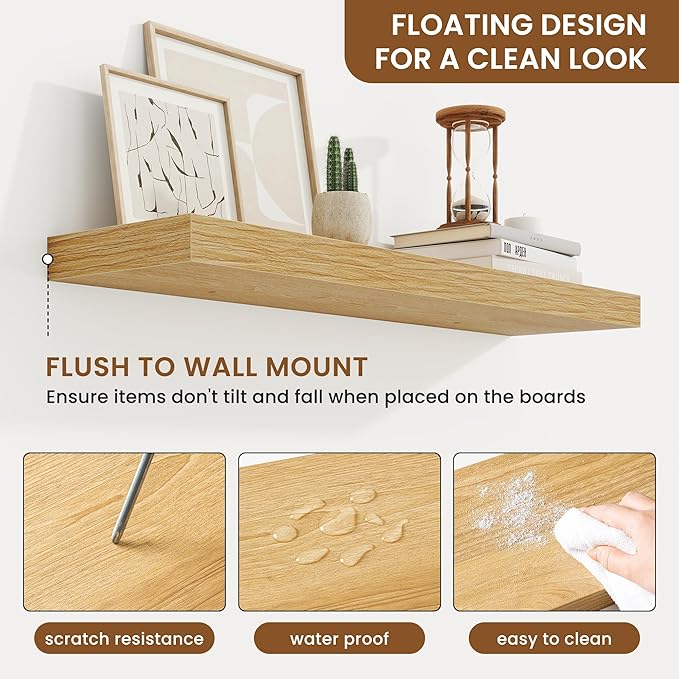 fuqing Floating Shelves for Wall, Wall Mounted Wood Floating Shelf with Invisible Brackets for Living Room, Bathroom, Bedroom, Kitchen Storage and Decor, 30 Inch Set of 2, Oak