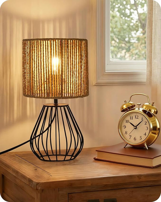 Small Bedside Lamp, Boho Table Lamp with Handwoven Paper Lampshade & Black Metal Base, Rattan Desk Lamp, Modern Nightstand Lamp for Bedroom, Living Room, 2700K LED Bulb Included, SW06TL05