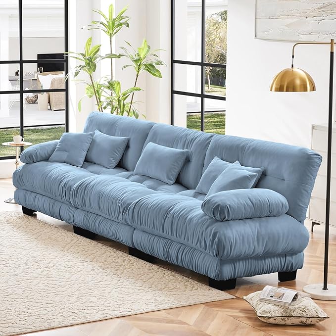 133.8" Oversized Couch, 3 Seater Modular Sectional Sofa, Blue Large Sectional Couches for Living Room, Fluffy Chenille Fabric Cloud Couch with 5 Pillows, Deep Seat Sofas
