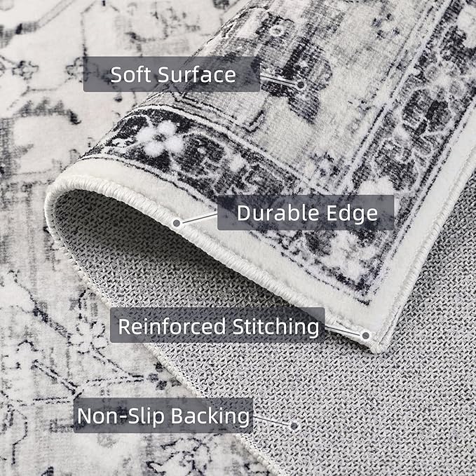 Deerly 5x8 Rugs for Bedroom Living Room - Machine Washable Rugs Large Non-Slip Family & Pet Friendly Area Rugs Carpet Oriental Neutral Print Floor Rug Border Grey/Navy