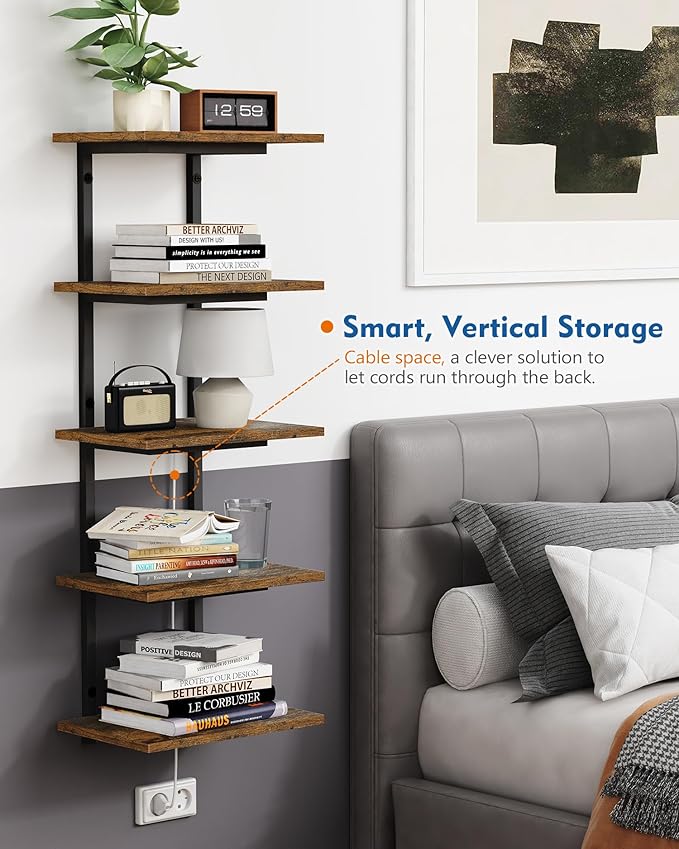 5 Tier Wall Bookshelf Unit for Bedroom Books, Large Floating Book Shelves Wall Mounted, Rustic Wood Lack Tiered Hanging Shelf for Kitchen Office Living Room Corner (Dark Brown)