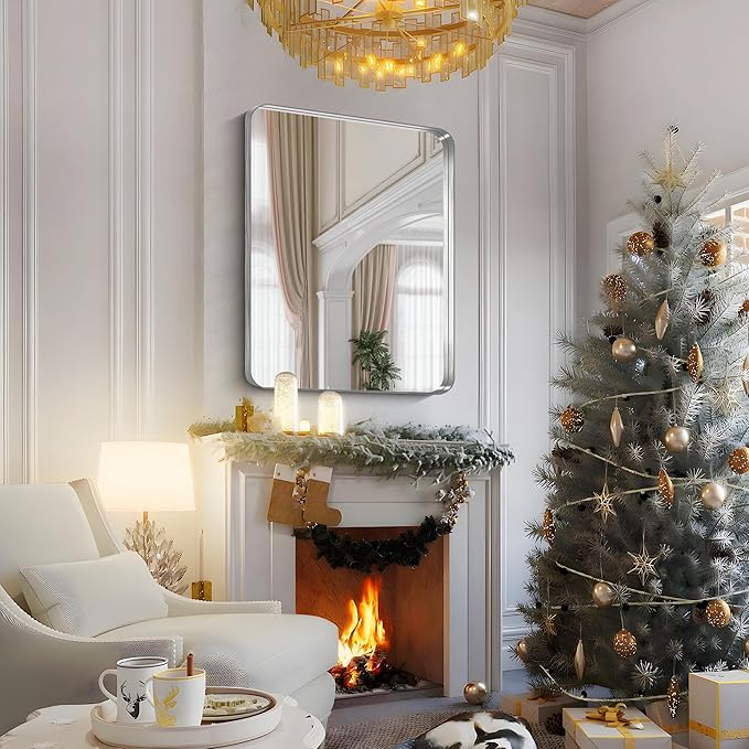 FORBATH 48x40 Inch Large Bathroom Mirror, Brushed Silver Deep Frame Wall Mirror with Rounded Corners, Anti-Rust Tempered Glass for Modern Farmhouse Vanity (Horizontal/Vertical)