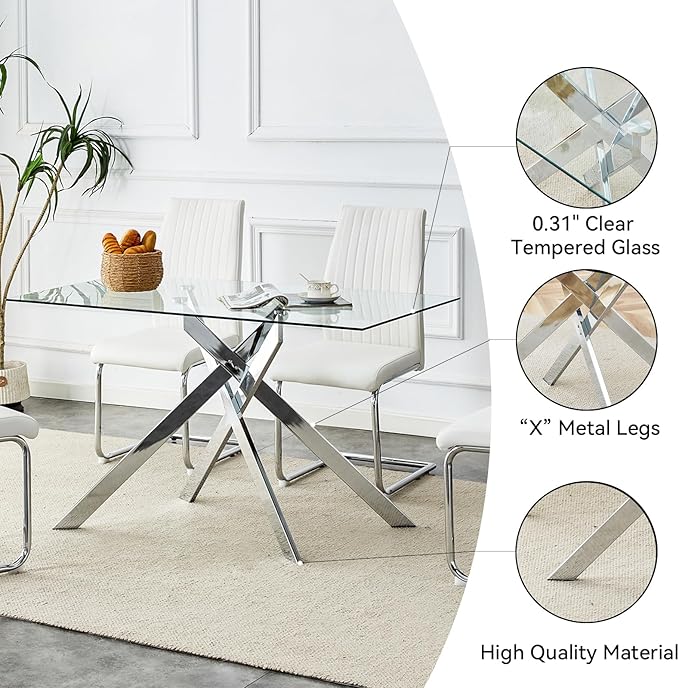 51" Rectangular Glass Dining Table Modern Kitchen Glass Top Table for 4 with Silver Metal Legs, Clear Dining Table Kitchen Table for Home Office Dining Room