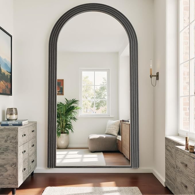 Antok Full Length Mirror 82"×44" Floor Mirror Standing Tall Mirror, Arched Stand up Large Wall Mirrors, Freestanding Full Body Mirrors for Bedroom Living Room Wood Vintage Style Black