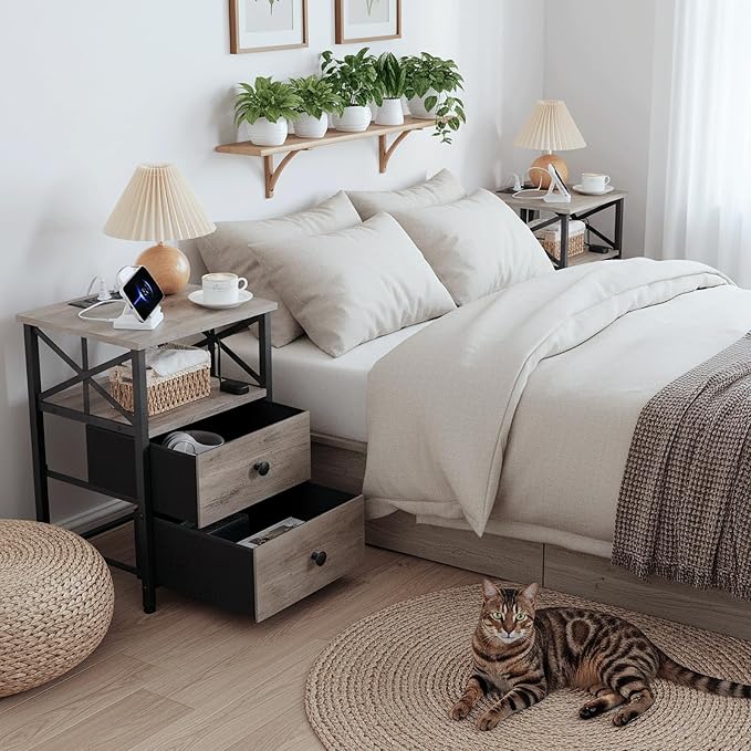 AMHANCIBLE Night Stand Set 2, Nightstand with Charging Station, End Tables Living Room with USB Ports and Outlets, Bedside Tables with Fabric Drawers for Bedroom, Greige HET05XGY