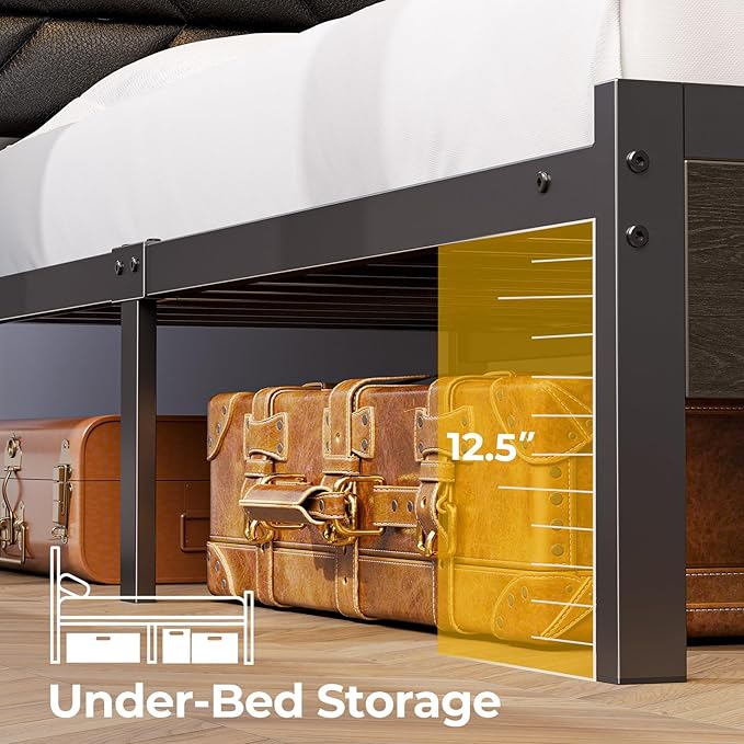 Seventable Queen Bed Frame with Charging Station & LED Lights, Upholstered Headboard with 2-Tier Storage Shelves, Metal Platform with Under Bed Storage, No Box Spring Needed, Easy Assembly, Black