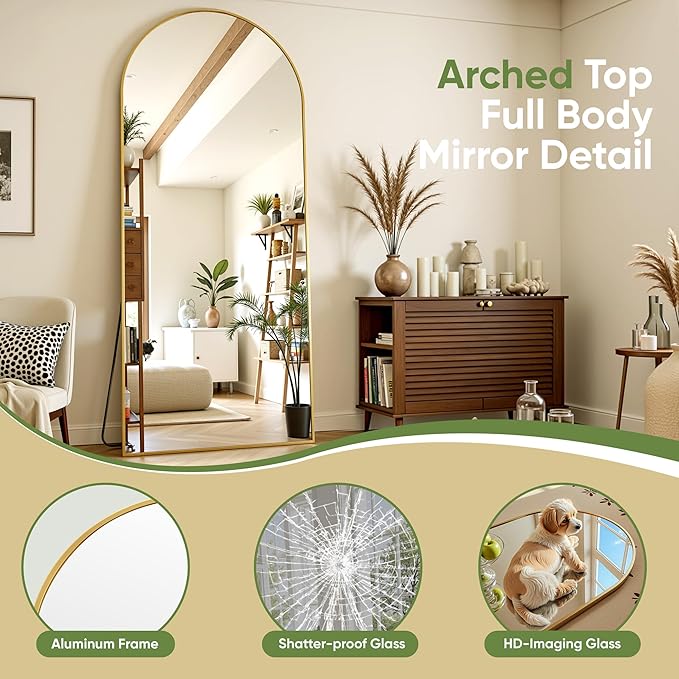 Full Length Mirror, 64"x21" Arched Full Body Mirror, Floor Mirrors with Stand, Standing Hanging Leaning Against Wall,Aluminum Frame Mirrors for Bedroom Cloakroom,Living Room,Gold