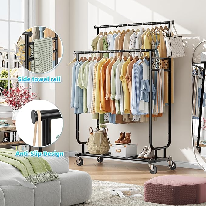 Clothes Rack Heavy Duty Load 450 LBS, 44 Inch Double Rod Rolling Clothing Rack for Hanging Clothes, Metal Garment Rack with Shelves, Wardrobe Rack Portable Closet, Black
