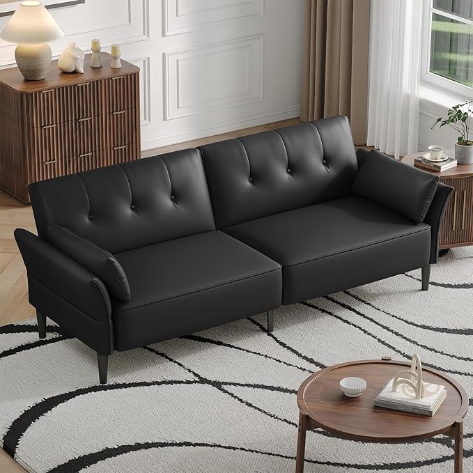 89” Futon Sofa Bed,Futon Couch Bed with 2 Square Pillows,Convertible Sleeper Sofa with Adjustable Backrest& Armrests, Modern Loveseat Sleeper for Living Room, Bedroom,Faux Leather Black
