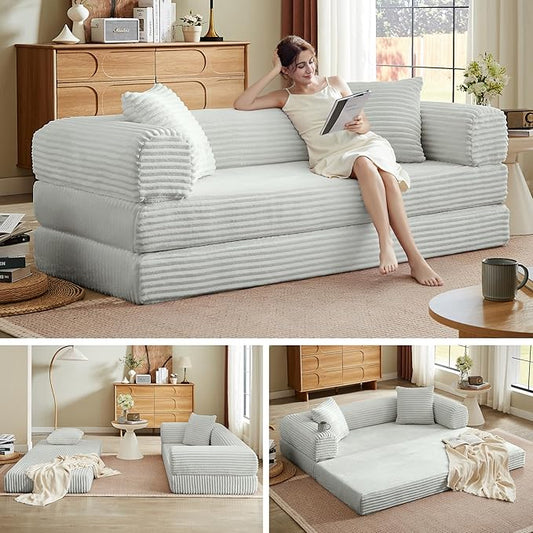 Boneless Couch Sofa Bed Sectional Couches for Living Room,Futon Cloud Couch with Sleeper Sofa,Sofas for Living Room Oversized Corduroy Upholstered (Light Grey)