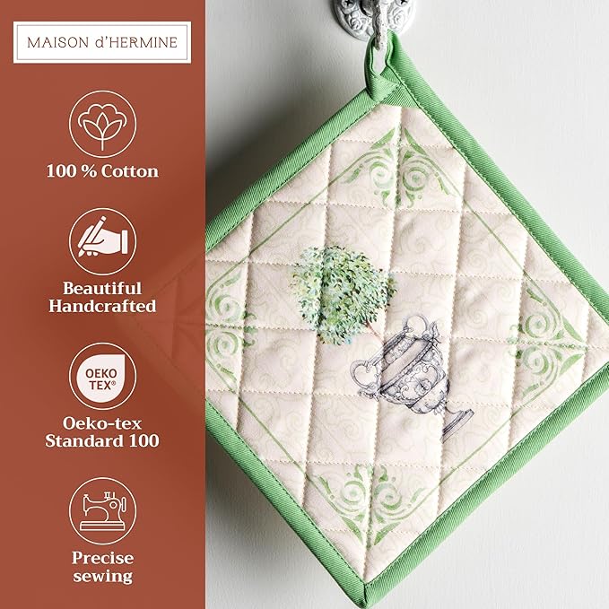 Maison d' Hermine Pot Holders 100% Cotton Heat Resistant Potholders 8" x 8" Hot Pads with Loop BBQ, Cooking, Baking, Grilling, Kitchen, Handling Hot Pans Spring/Summer (Pack of 1, Jardin Du Roy)