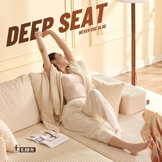 Chaise Lounge Chair, Boneless Couch for Living Room and Bedroom, Sleeper Couches Reading Chairs, Corduroy, White