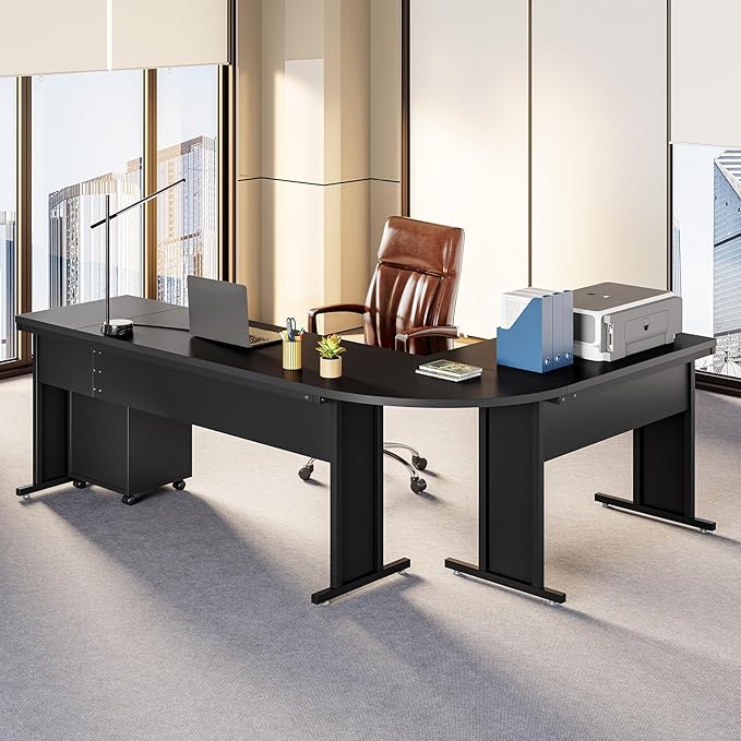 LITTLE TREE 82.67" Long Executive Desk Large L-Shaped Computer Office Desk with 3-Drawer Mobile File Cabinet, Industrial Business Furniture Desk Workstation for Home Office, Black