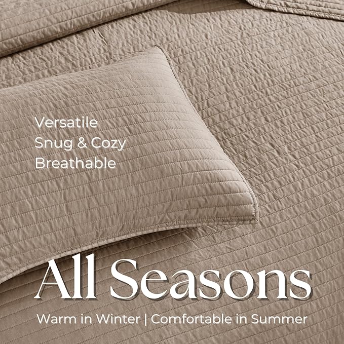 DOWN HOME Twin Quilt Bedding Set with Sham, Vintage Washed Soft Quilted Blanket Thin Comforter Lightweight Bedspread Coverlet Bed Cover, Brushed Microfiber Stripe Stitching, Brown, 66"x92"