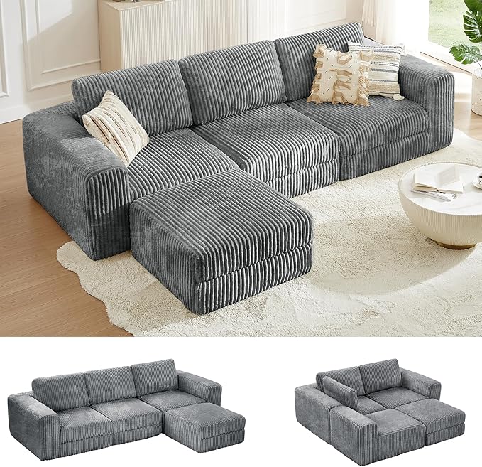 ONBRILL 110" Modular Sectional Sofa, L Shaped Couch 4 Seater with Sleeper Chaise, Sectional Couch with Deep Seat,Upholstered Corduroy Cloud Couches for Living Room,Bedroom,No Assembly Required,Grey