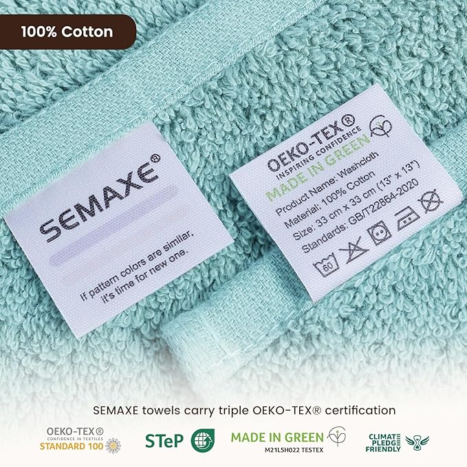 SEMAXE 100% Cotton Washcloths 12-Pack, 13 × 13 Inch Soft Luxury Face Towels – Super Absorbent & Quick-Dry, Premium Cloth with Hanging Loop, Oeko-TEX Certified, Gift-Ready Box
