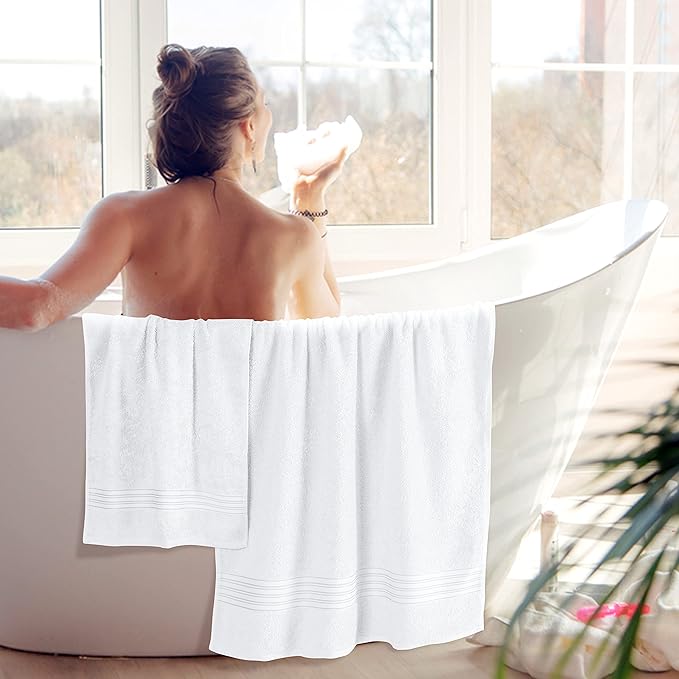 BOUTIQUO 6 Pack Cotton Towel Set, Contains 2 Bath Towels 28x55 inch, 2 Hand Towels 16x24 inch & 2 Wash Coths 12x12 inch, Ideal Everyday use, Ultra Soft Compact & Lightweight - White