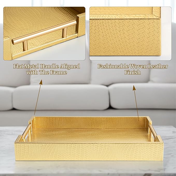 2 Piece Woven Leather Ottoman Tray with Gold Handles, Perfect Rectangular Serving Tray for Living Room, Coffee Table Home Decor Enthusiasts (Golden)