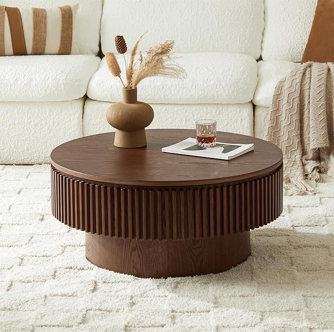 Round Coffee Table for Living Room,Fluted Drum Accent Tea Center Table with Storage,Circle Modern Coffee Tables for Small Space Office Apartment (31.5" L×31.5''W×14''H-Walnut)