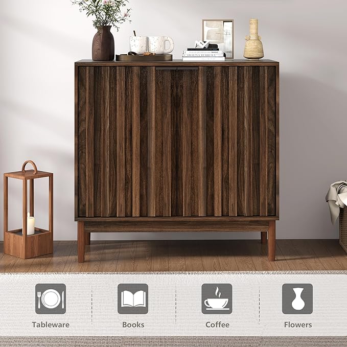 Fluted Cabinet with Storage, Buffet Cabinet Sideborad with Door, Kitchen Buffet Storage Accent Cabinets with Adjustable Shelves for Living Room, Entry, Hallway, Brown, Walnut
